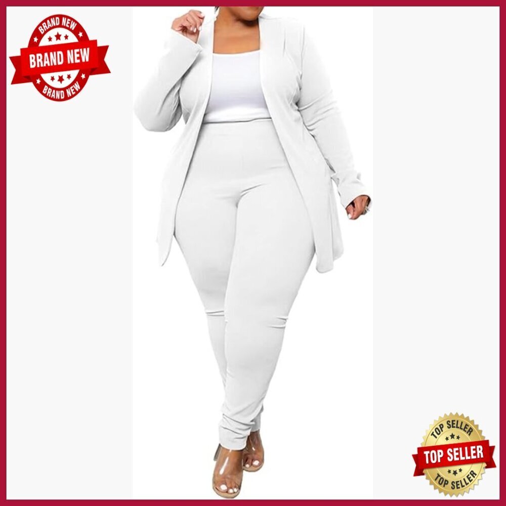 Plus Size Two Piece Blazer and Pant Suit Set Long Sleeve Open Front